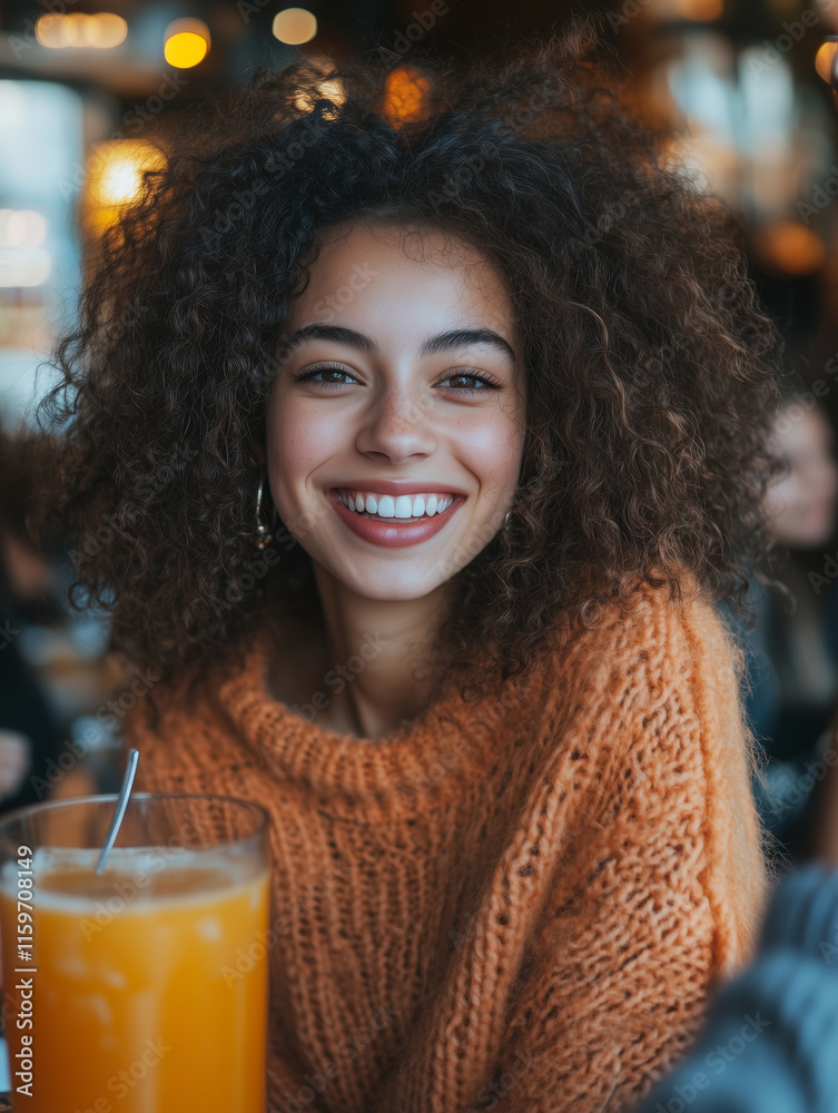 Smiling woman enjoys juice with friend at cozy cafe during afternoon gathering