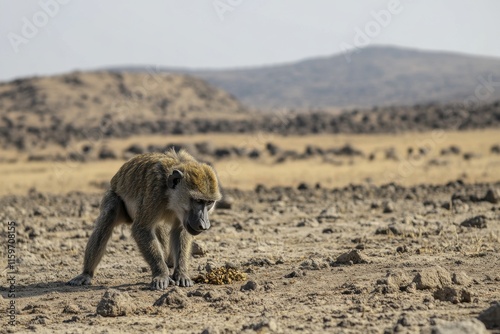 Lone baboon in harsh vast rocky landscape under sunlight