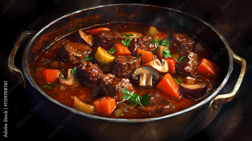 A rich beef stew with vegetables and mushrooms simmered in red wine. this classic french dish looks delicious on a dark background. Gossamered. Illustration A rich beef stew with vegetables and mushrooms simmered in red wine. this classic french dish looks delicious on a dark background. Gossamered. Illustration