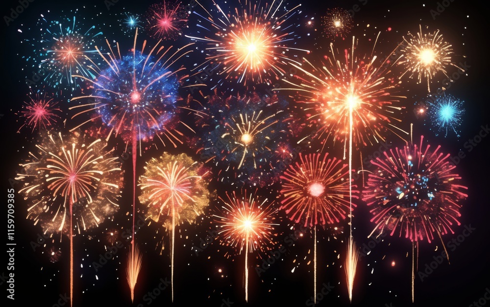 Naklejka premium Vibrant New Year's Eve Fireworks Display Lighting Up the Night Sky in Stunning Detail, Isolated on Black Background, Hyper-Realistic and Colorful Celebration of the New Year.
