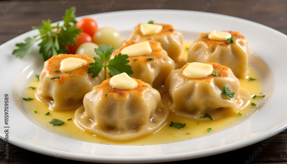 Golden dumplings topped with butter and fresh herbs Golden dumplings topped with butter and fresh herbs