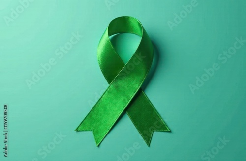 green ribbon on aqua background symbolizing world glaucoma day. awareness and support for eye health. healthcare campaign, educational material and advocacy poster. photo