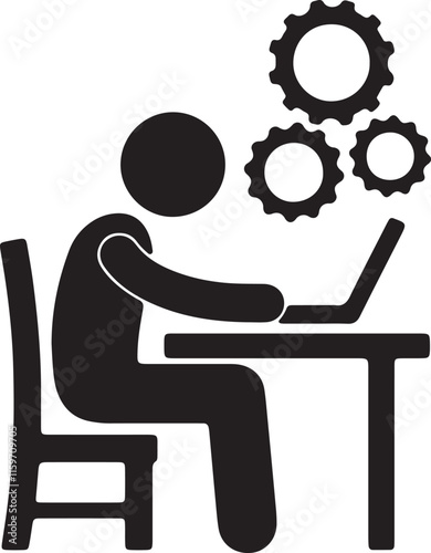 Illustration of a stickman sitting and working with a laptop silhouette