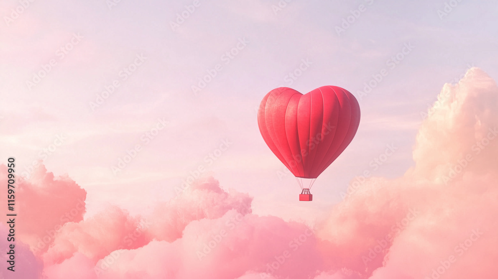 Fototapeta premium Heart shaped hot air balloon is flying through the sky above a pink cloud