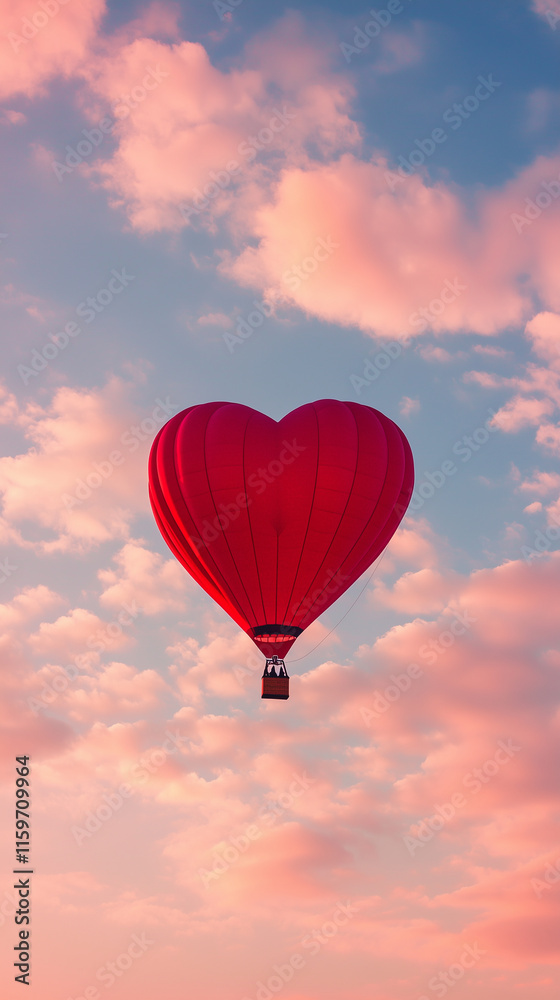 Fototapeta premium Heart shaped hot air balloon is flying through the sky above a pink cloud