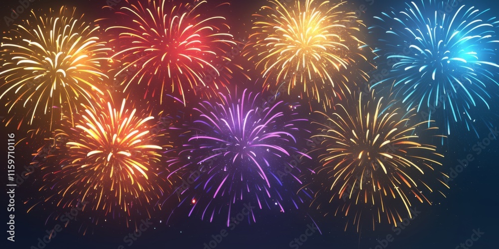 Vibrant New Year's Eve Fireworks Display Lighting Up the Night Sky in Stunning Detail, Isolated on Black Background, Hyper-Realistic and Colorful Celebration of the New Year. Vibrant New Year's Eve Fireworks Display Lighting Up the Night Sky in Stunning Detail, Isolated on Black Background, Hyper-Realistic and Colorful Celebration of the New Year.