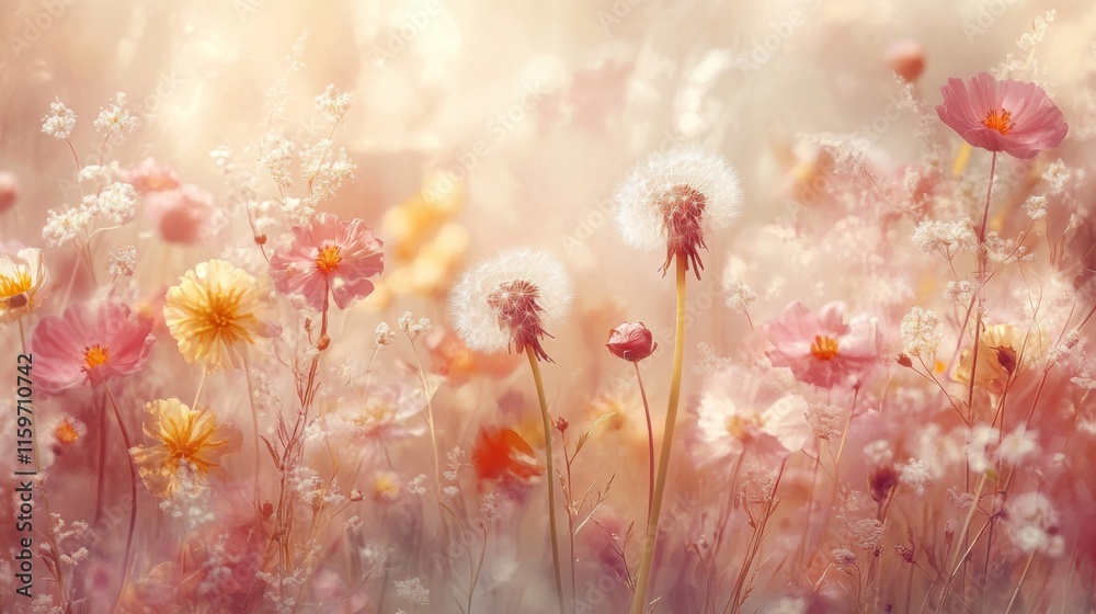 Obraz premium Dandelions and Cosmos Bloom in Soft Sunlight