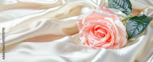 Soft pastel pink rose rests gracefully on white fabric, highlighting natural beauty and elegance