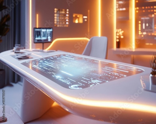 Bright home workspace with digital holographic taskboard floating, sleek minimalistic furniture, soft neon lighting, clean modern tech-driven design photo