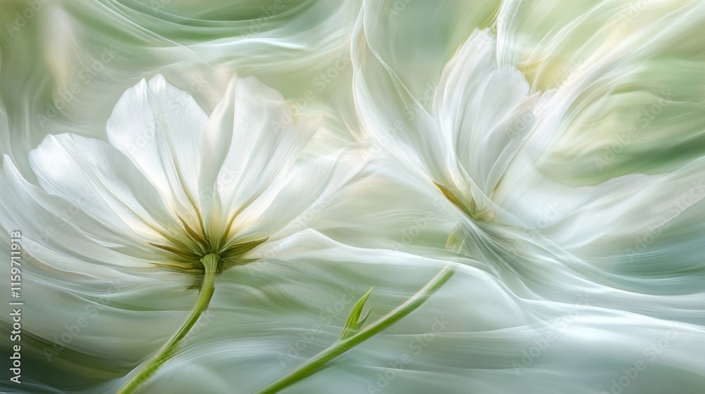 Delicate White Cosmos Flowers in Soft Green Swirl Delicate White Cosmos Flowers in Soft Green Swirl