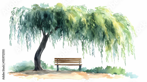 Watercolor illustration of a bench sitting under a weeping willow tree. Willow. Illustration