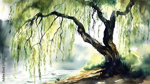 Fototapeta Naklejka Na Ścianę i Meble -  Watercolor painting of a weeping willow tree with long, graceful branches. Willow. Illustration