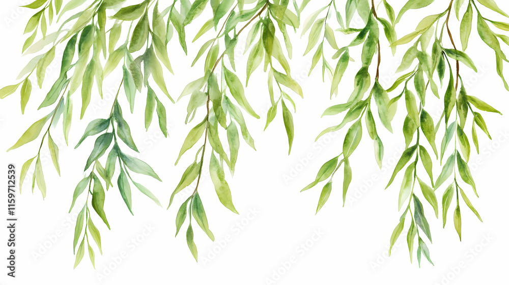 Fototapeta premium Watercolor willow leaves isolated on white background. Willow. Illustration
