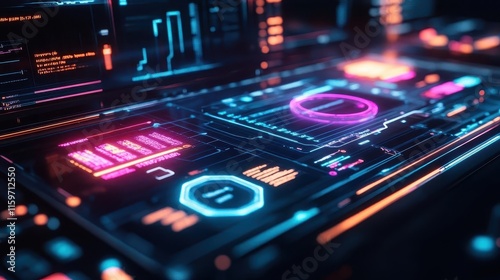 Wallpaper Mural E-learning on a tablet with floating holographic study modules, sleek modern desk setup, glowing neon accents, sharp futuristic focus on digital education Torontodigital.ca