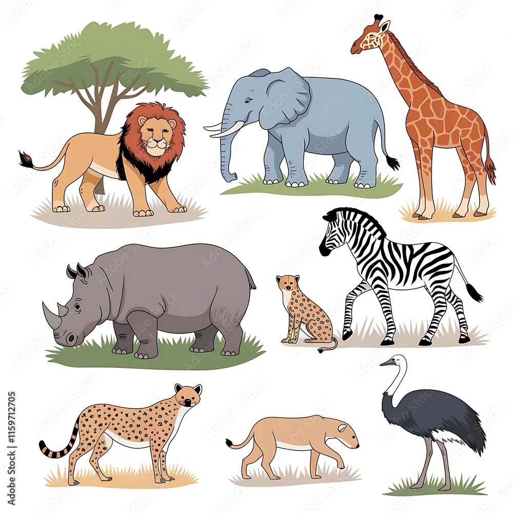 Naklejka premium Safari Wildlife Emoji Set 10 Majestic Animals with Clean White Background