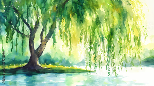 Weeping willow tree watercolor illustration. Willow. Illustration