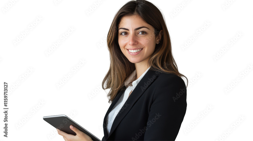 Young professional woman smiling while holding a tablet against a transparent background, showcasing a confident and friendly demeanor Young professional woman smiling while holding a tablet against a transparent background, showcasing a confident and friendly demeanor