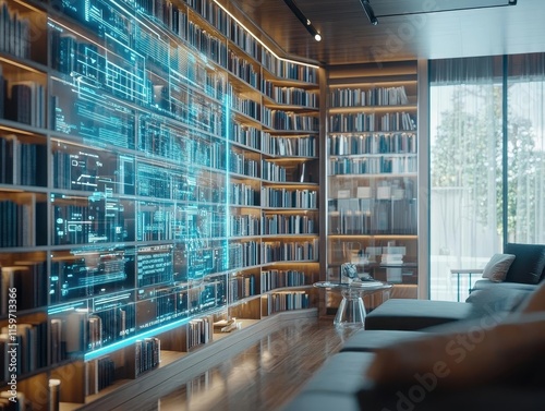 Home library with bookshelves and augmented reality book information floating, sleek minimalistic furniture, soft lighting, clean futuristic touch