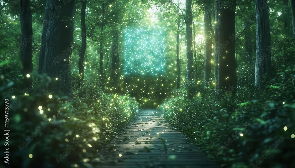 Obraz premium Lush green forest with digital holographic nature trail guide floating, soft glowing light filtering through trees, sharp contrast between nature and technology