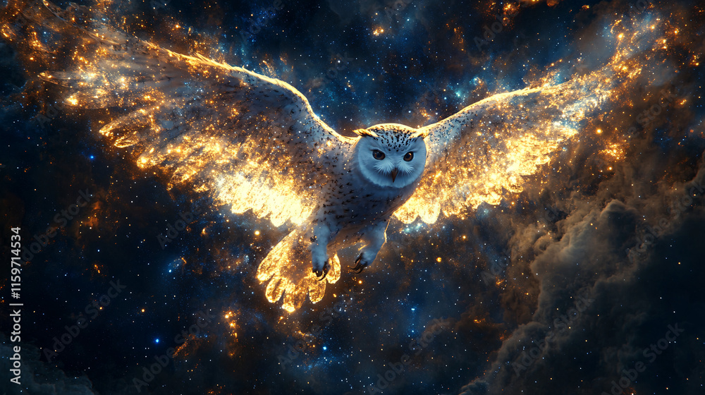 Obraz premium A cosmic owl with wings made of galaxies, soaring through space, symbolizing wisdom transcending the universe. 