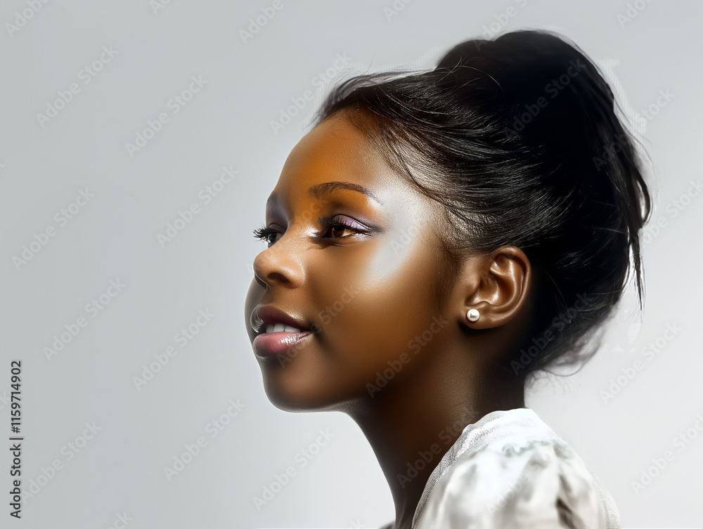 Naklejka premium Teen African-American girl with relaxed hair in bun, against light gray background