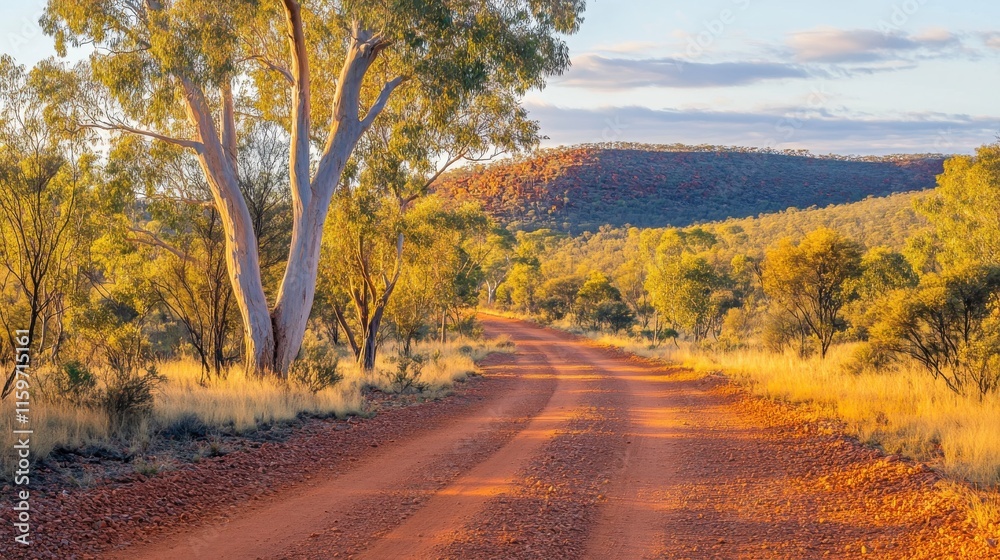 Scenic Dirt Road Through Open Bushland at Golden Hour Scenic Dirt Road Through Open Bushland at Golden Hour