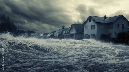 Urgent evacuation as powerful tsunami floods residential area, showcasing survival instincts and nature's force