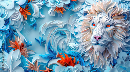 Paper Craft of White Male Lion Face with Wavy Mane Coming Out of the Jungle