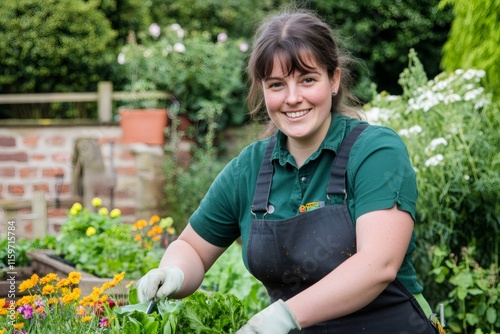Cheerful gardener nurturing plants, wearing protective gloves and work apron at garden center