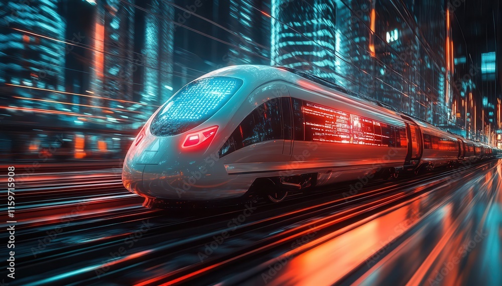 Train on tracks with digital holographic timetable floating above, sleek modern train, neon lighting, sharp clean futuristic transportation aesthetic Train on tracks with digital holographic timetable floating above, sleek modern train, neon lighting, sharp clean futuristic transportation aesthetic