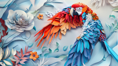 Paper Craft of Macau Parrot Bird Flying Above Floral Garden