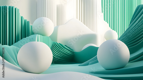 3d rendering of Green and white abstract geometric background. Scene for advertising, technology, showcase, banner, game, sport, cosmetic, business, metaverse. Sci-Fi Illustration. Product display photo