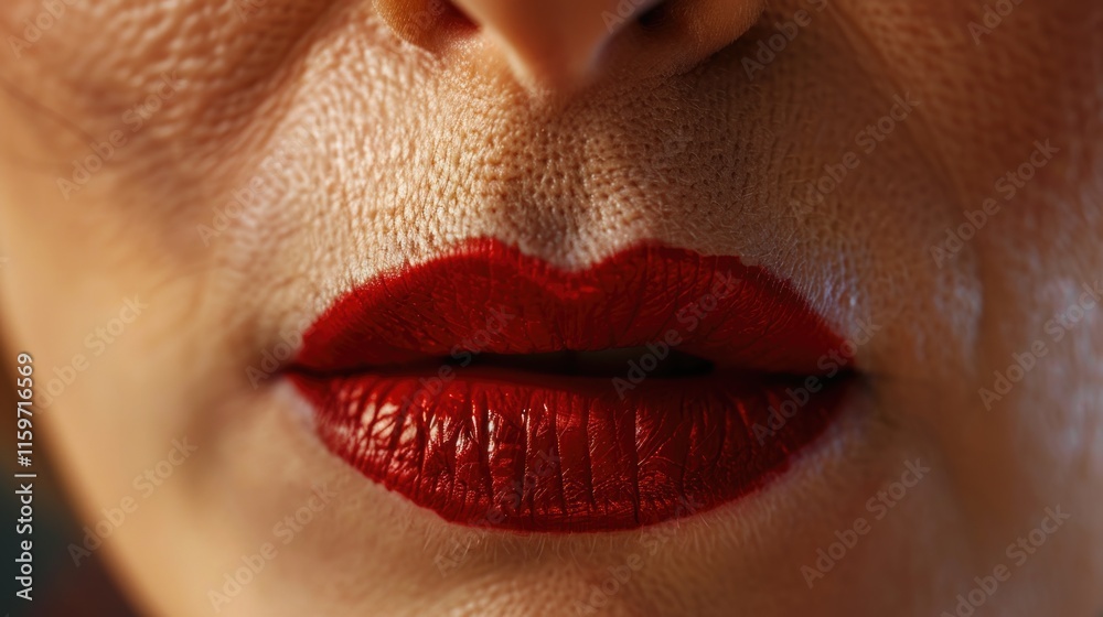 Obraz premium Close-up of woman wearing vivid red lipstick, highlighting her lips in detail.