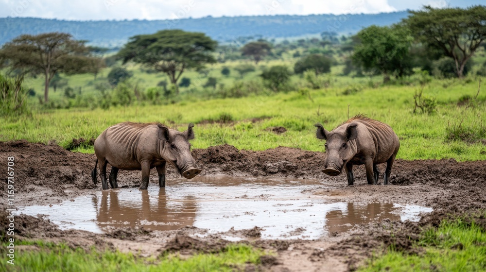 Wild Animals Play in Mud Pool Surrounded by Bushland Wild Animals Play in Mud Pool Surrounded by Bushland
