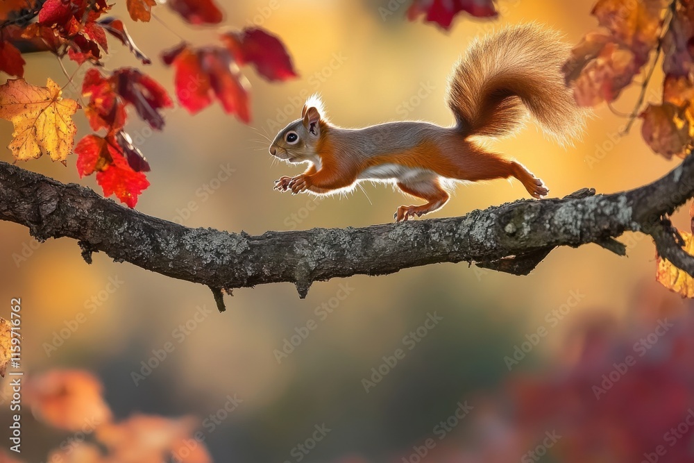Dynamic photo of American red squirrel in autumn wilderness Dynamic photo of American red squirrel in autumn wilderness