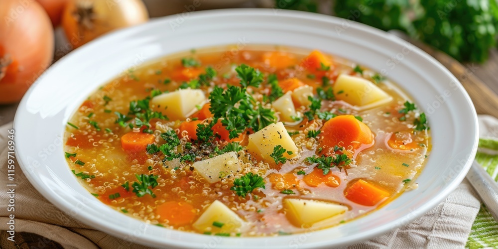A hearty vegetable soup, rich in nutrients and flavor, with visible ingredients such as potatoes, carrots, and onions. A hearty vegetable soup, rich in nutrients and flavor, with visible ingredients such as potatoes, carrots, and onions.