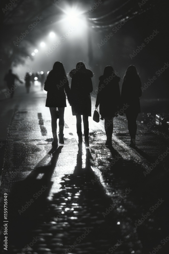 Group of friends walking together under street lights at night during rain. Urban atmosphere with reflections on wet pavement. Group of friends walking together under street lights at night during rain. Urban atmosphere with reflections on wet pavement.