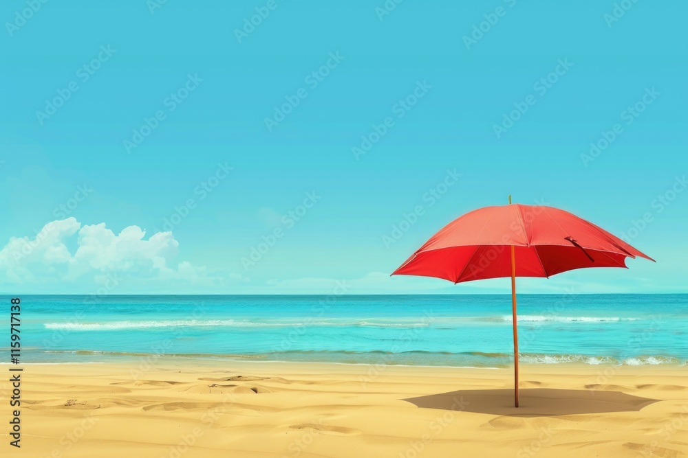 Peaceful beach scene with a red umbrella providing shade on the golden sand, set against the backdrop of a clear blue ocean under a sunny sky. Peaceful beach scene with a red umbrella providing shade on the golden sand, set against the backdrop of a clear blue ocean under a sunny sky.