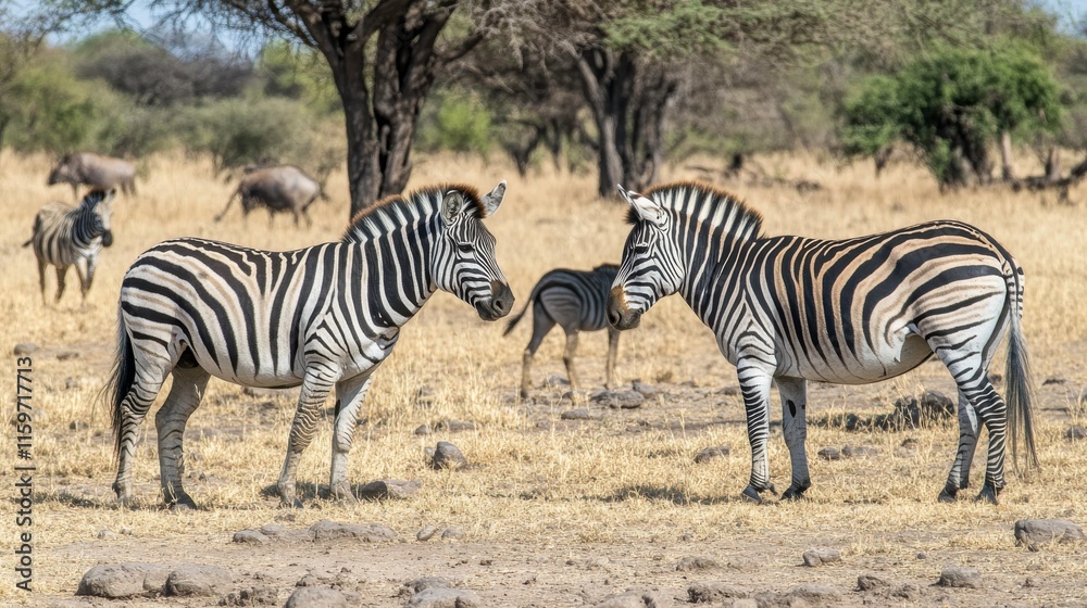 Zebras in Natural Habitat Under Acacia Trees Zebras in Natural Habitat Under Acacia Trees