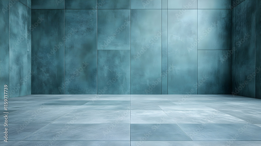 Modern minimalist teal room interior, empty space with tiled floor and walls, ideal background for product displays or design projects.