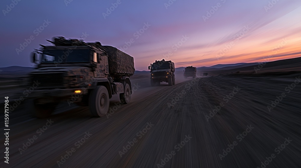 Fototapeta premium Action in Motion: Military Trucks at Dusk