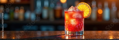 Iced cocktail in elegant glass, garnished with citrus , lemon, cold photo