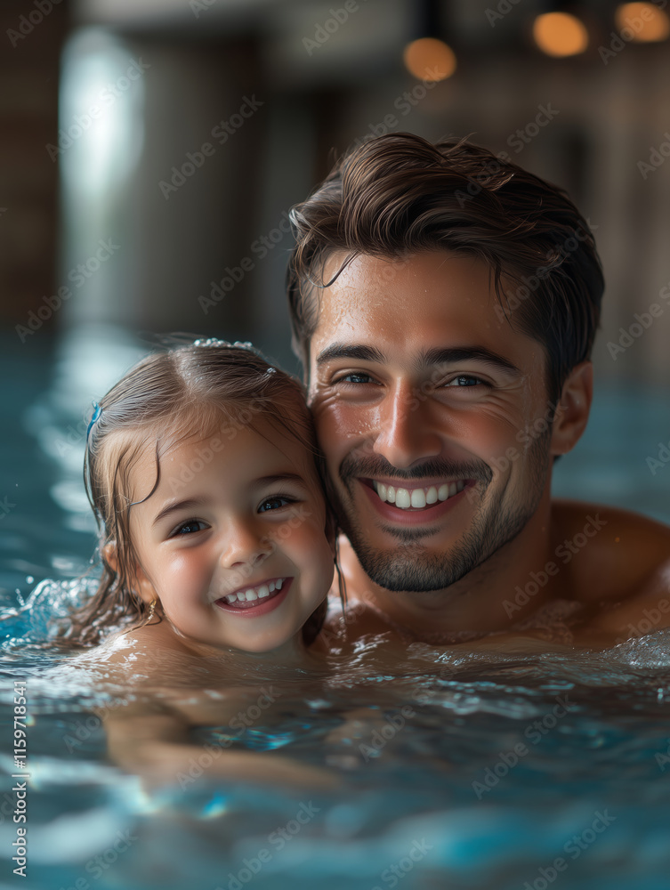 Joyful moments shared between father and daughter during swimming fun Joyful moments shared between father and daughter during swimming fun
