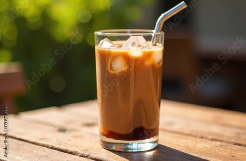 summer refreshment, cafe promotion, drink menu poster design. iced mocha mousse coffee in tall glass with metal straw, sunlit ice cubes, set on wooden table outdoors.