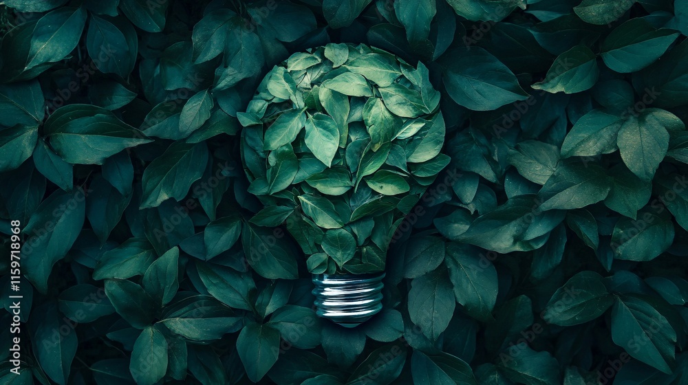 Fototapeta premium A light bulb made of green leaves, symbolizing sustainability and eco-friendliness amidst lush greenery.