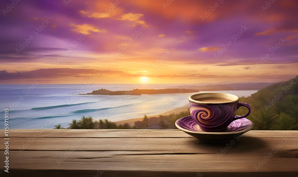 Coffee cup on a textured wooden table at sunrise. Coffee cup on a textured wooden table at sunrise.