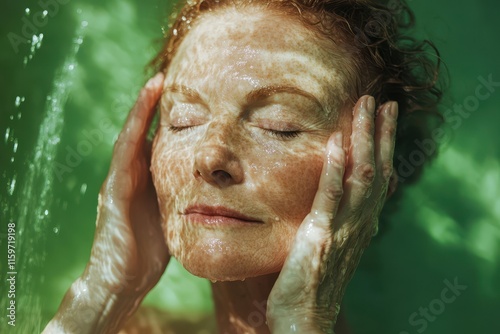 A 50 year old woman with radiant skin and healthy hair gently embraces her beauty against a green backdrop after showering photo