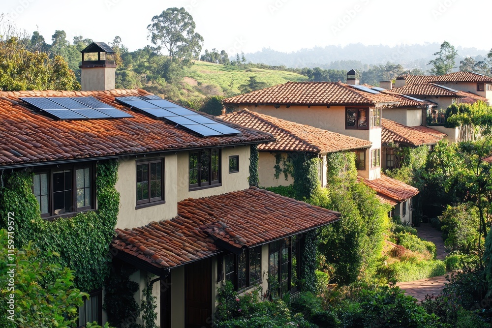 A collection of homes featuring solar panels and red roofs nestled in lush greenery in an eco friendly area A collection of homes featuring solar panels and red roofs nestled in lush greenery in an eco friendly area