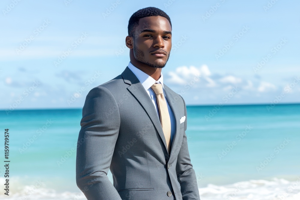 A confident and charismatic Black male model in a suit stands before a beach setting A confident and charismatic Black male model in a suit stands before a beach setting