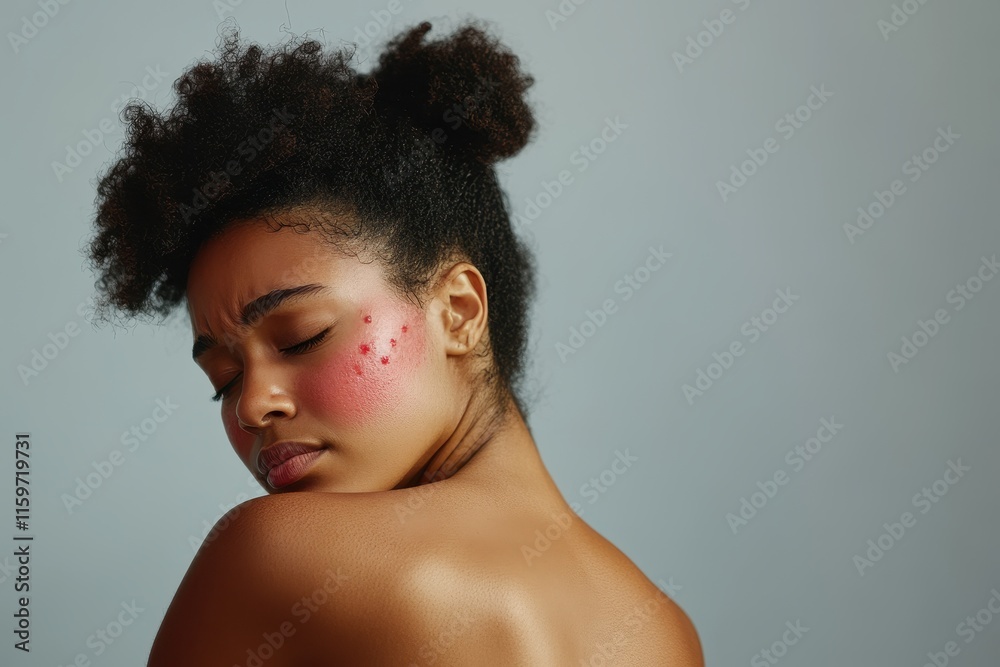 A distressed young African American woman with sensitive skin and food allergy reactions is scratching redness on her shoulders in a gray studio with space for A distressed young African American woman with sensitive skin and food allergy reactions is scratching redness on her shoulders in a gray studio with space for
